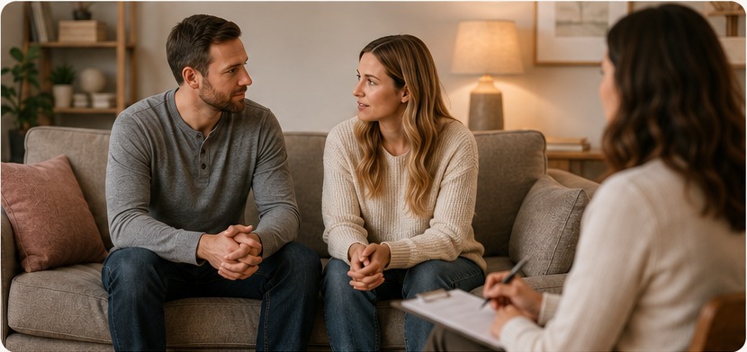 A couple talking together in a calm therapy setting